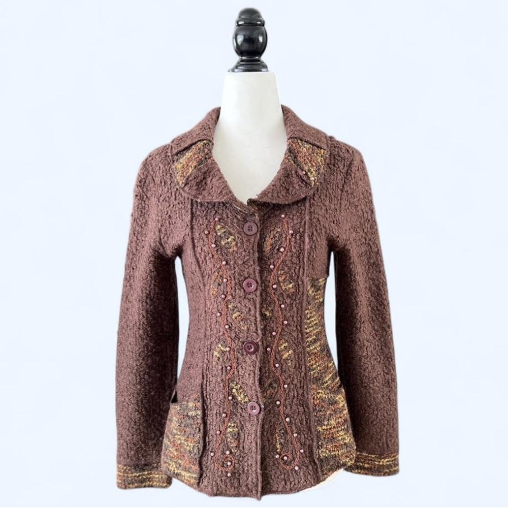 Vintage Brown Embroidered Beaded Boho Fairy Whimsy Twee Button Up Jacket Medium